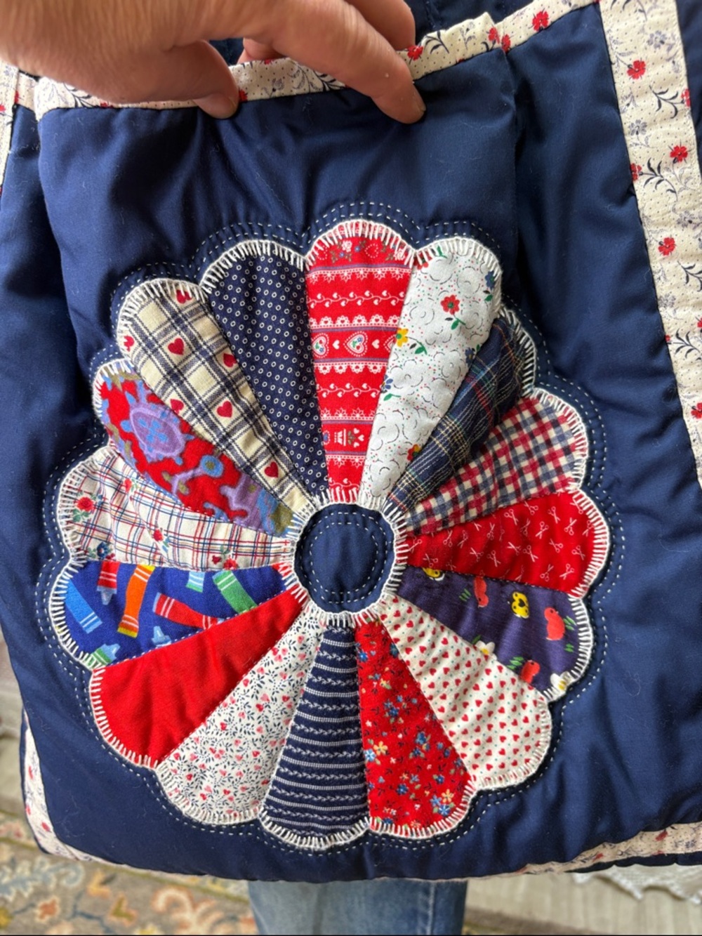 Handcrafted Quilted Navy Patchwork Flower Tote Bag - Picture 3 of 10